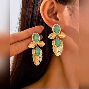 Gold and Teal Leaf Earrings
